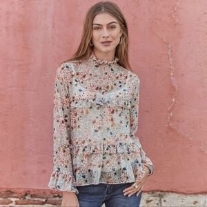 Sundance S High Neck Floral Print Celina Peasant Blouse Tiered Ruffle Semi Sheer